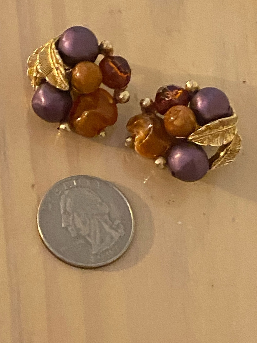 Vintage 1950s ART Beaded Cluster Clip On Earrings Orange Purple Autumn Cha Cha